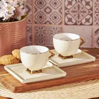 Karaca -Art Deco Crèmeset met 2 koffiekopjes, mokkatassen, espressokopjes, koffiekopjes, set van porselein, robuuste mokkatas, dikke drinkrand, porselein