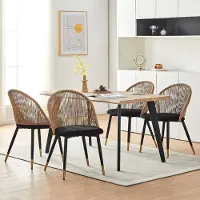 Glamour Retro Rattan Velvet Eetkamerstoelen Set van 4 met Armleuningen – Luxe Keuken- en Woonkamerstoelen 52×53,5×85 cm – Metaal Frame & Comfortabele Gevoerde Zitting – Zwart