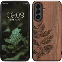 Kwmobile telefoonhoesje geschikt voorSamsung Galaxy A37 5G - Hoesje met bumper - hout - In donkerbruin Bladertak design