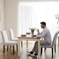 Glamour Luxe Grijze Gestoffeerde Eetkamerstoelen Set van 2 met Nagelkopdetails en Houten Poten 50D x 61,5B x 99,5H cm
