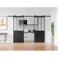 Vente-unique Dubbele hangende schuifdeur met opbouwsysteem - Zwart en gehard glas - 2 x H205 x L83 cm - ARTISTO II
