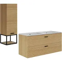 Vente-unique Zwevend badkamermeubel met inbouwwastafel en kast met nis - 2 laden - kleur: Licht naturel - 120 cm - SARONE