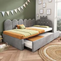 STILVORA Slaapbank 90x200 cm – Uitschuifbed 90x190 cm – L-Vorm Met Kroondesign – Jeugdkamer – Fluweel – Grijs – Zonder Matras