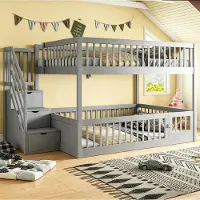 STILVORA Etagebed 140x200 cm met veiligheidstrap en lades, kinderbed met opbergruimte voor kinderen en tieners, eenpersoonsbed met houtlook in de kleur grijs