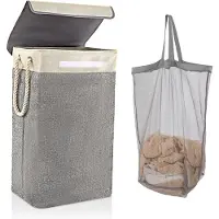 Unyqoos Wasmand met deksel, 84 liter, opvouwbare waszak met waszak en touwgreep, groot, geschikt voor slaapkamer, bijkeuken, badkamer, 68 x 42 x 31 cm, beige + grijs