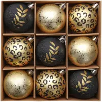 Unyqoos set van 9 onbreekbare kerstballen – zwart en goud, van kunststof, met verschillende oppervlaktes (glanzend, mat, glinsterend, gemotiveerd), met vooraf bevestigde ophanghaak