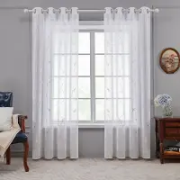 Unyqoos Elegante Transparante Witte Gordijnen met Linnenlook en Bloemenmotief 229x140 cm
