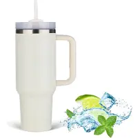 Unyqoos Thermobeker met rietje en ergonomisch handvat, dubbelwandige roestvrijstalen vacuüm-isolatiebeker voor warme en koude dranken, 1182 ml, crème kleur
