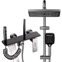 Unyqoos Complete doucheset met grote, vierkante regendouche en handdouche met 3 functies, 130 cm roestvrijstalen douchestang, messingventiel, zwart-titaniumgrijs
