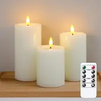 Unyqoos 3-delige set LED-kaarsen zonder vlam, met een realistisch effect van gesmolten was, echt was en een 3D-vlam, inclusief afstandsbediening, timer (2/4/6/8 uur) en AAA-batterijen (tot 500 uur)