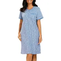 Comtessa Dames Nachthemd Korte Mouw – Blauw Gestreept Bloemen - 100 cm - 100% Katoen - Maat 48