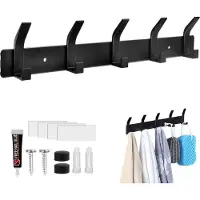 Unyqoos Kapstokrek, Roestvrije Kapstok met 5 Dubbele Haken, Zwart Mat Moon Wandkapstok, Geen Boren Wandhaken voor Badkamer, Slaapkamer, Badkamer, Keuken.