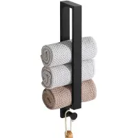 Unyqoos Zwarte roestvrijstalen handdoekhouder met haken voor badkamer en keuken, 40 cm lang