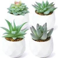 Unyqoos 4-delige set kleine kunstplanten – groene mini-succulenten van kunststof in keramische potten, gemakkelijk te onderhouden decoratie voor thuis en op kantoor, 10 cm