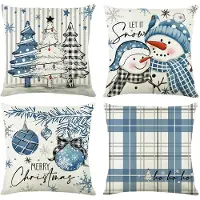 Unyqoos Set van vier blauwe kussenslopen met kerstmotieven voor een sfeervol interieur