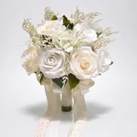 Unyqoos handgemaakte bruidsboeket van zijden bloemen – rozen, hortensia's en distelen, verstelbare stelen, linnen- en satijnlinten, 37,8 x 30 cm