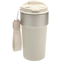 Unyqoos Koffie Thermobeker 500 ml voor Onderweg met Dubbelwandige Isolatie en Rietje, Roestvrij Staal, Beige