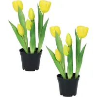 DK Design Kunst tulpen Holland in pot - 2x stuks - geel - real touch - 26 cm - levensechte kunstbloemen