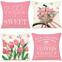 Unyqoos Set van vier decoratieve linnen kussenslopen met bloemen voor zomerse sfeer