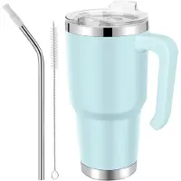 Unyqoos Blauwe thermobeker met rietje en handvat voor warme en koude dranken