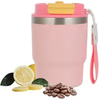 Unyqoos Thermo-koffiebeker To-Go met rietje en lekvrij design, ideaal voor warme en koude dranken, 350 ml, roze
