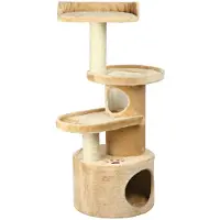 Unyqoos Knus huis voor katten en kleine honden, beige, met pluche en een sisal krabgedeelte, tunnel met 3 openingen en een bekleed uitkijkplatform