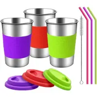 Unyqoos Set van drie roestvrijstalen drinkbekers met siliconen accessoires voor dagelijks gebruik
