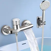 Unyqoos Badarmatuurset met watervaluitloop en handdouche met 5 functies, massief verchroomd messing, draaiknop, eenvoudige montage
