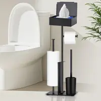 Unyqoos Vrijstaande toiletrolhouder van roestvrij staal met opbergvak, toiletborstel en afneembare reserverolhouder (voor maximaal 3 rollen) – modern badkamerdesign, geen boren nodig