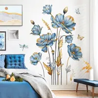 Unyqoos Blauwe en gouden bloemen muurstickers voor interieurdecoratie woonkamer en slaapkamer