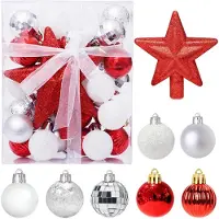Unyqoos Set van 30 mini-kerstballen, rood/wit, diameter 3 cm, van kunststof – met rode sterren en goud-/zilverkleurige linten, geschikt voor kleine kerstbomen van 30-90 cm