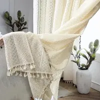 Unyqoos Chique Vintage Boho Gordijnen Set van 2 voor Woonkamer en Slaapkamer - Beige Transparant Kant Design
