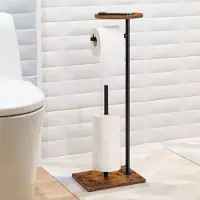 Unyqoos Vrijstaande toiletrolhouder met opbergruimte – mat zwart, staal en hout, 65 x 20 x 24 cm, 1 rolhouder + ruimte voor 3-4 reserverollen (tot 5 rollen)