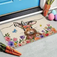 Unyqoos Charmante Pasen Deurmat met Konijnen en Bloemenpatroon, Perfect voor Binnen en Buiten Decoratie
