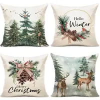 Unyqoos Set van 4 decoratieve kussenslopen voor kerst in linnenmix 45 x 45 cm