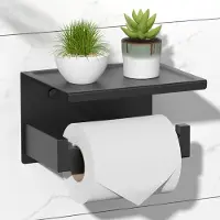 Unyqoos Zelfklevende toiletrolhouder met opbergruimte van roestvrij staal, zwart – Kan worden bevestigd met plakstrips of schroeven, heeft een concave opbergruimte en een veiligheidshaak
