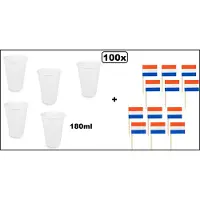 Wefiesta 100x Beker karton wit 180ml + 100x cocktail vlagprikker rood/wit/blauw - Holland Koningsdag WK limonade thee soep fris drank thema feest festival chocomel yogi party snacks