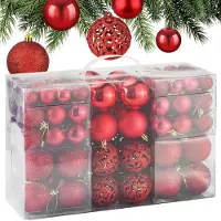 Unyqoos 100 rode kerstballen – kunststof decoratieset, 6/4/3 cm, mat/glanzend/glitterend, praktisch onbreekbaar, voor binnen en buiten, met ophangoogjes en opbergdoos