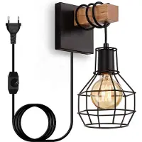 Unyqoos Vintage Industriële Wandlamp met Dimbare Schakelaar voor Binnengebruik, Zwart en Hout, E27 Fitting