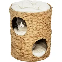 PawHut Kratztonne, 50 cm hoch Katzentonne mit 2 Höhle, Kratzbaum mit Kissen, Katzenturm aus Wasserhyazinthe, für Katze bis 3,5 kg, Hellbraun