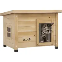PawHut Katzenhaus aus Holz, Katzenhütte Outdoor, Katzenhöhle mit Türvorhang, Kleintierhaus mit Erhöhtem Design, für Garten, Balkon, Gelb, 57 x 45 x 43 cm