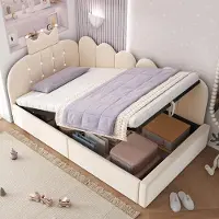 MODFU Dagbed 90x200 cm – Met hydraulische opbergruimte – Omkeerbare L-vorm – Kroon- & rasterdesign – Fluweel – Beige