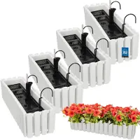 KOTARBAU 4 st Balkonbak, Bloembak voor Balkon, Kunststof, 58 x 18 x 16 cm, Wit, Balkonbak met Houder, Zelfbewaterend Systeem, Balkon Plantenbak, Weerbestendige Plantenbak
