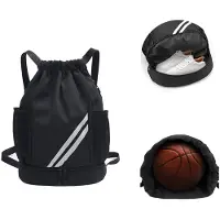 Unyqoos sporttas met trekkoord, waterdicht nylon, 43x32x14 cm, grote capaciteit, scheurvast polyester interieur, verstelbare schouderbanden, zwart met 3 diagonale witte strepen