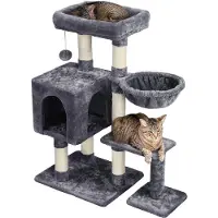 Unyqoos Hoogwaardige Klim- en Speelboom voor Katten met Sisal en Pluche Accessoires, 96 cm Hoog, Donkergrijs