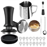 Unyqoos Complete set voor koffie-enthousiastelingen met tamper, mat en decoraties, 51 mm, Roestvrij staal, Zwart