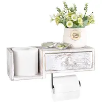 Unyqoos Wandtoiletpapierhouder met opbergruimte en lade, massief grenenhout, geborsteld zwart stalen frame, wit, 37 x 17 x 14 cm