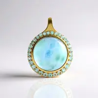 Cavill - Larimar Hanger 925 Sterling Zilver Verguld - 14,4 ct Larimar Cabochon Rond 15 mm - Elegante Zilveren Sieraden