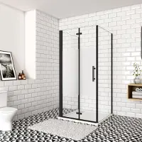 AICA 110x70x195cm douchecbaine met inklapbare vouwdeur en twee vaste zijwanden, 6mm helder EasyClean veiligheidsglas met matte folie middelban,mat zwarte aluminium profiel.