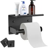 Unyqoos RVS toiletrolhouder, zwart – met telefoonhouder, zelfklevend of schroefbaar te monteren, 2 haken, roestvrij staal, geschikt voor badkamer en keuken